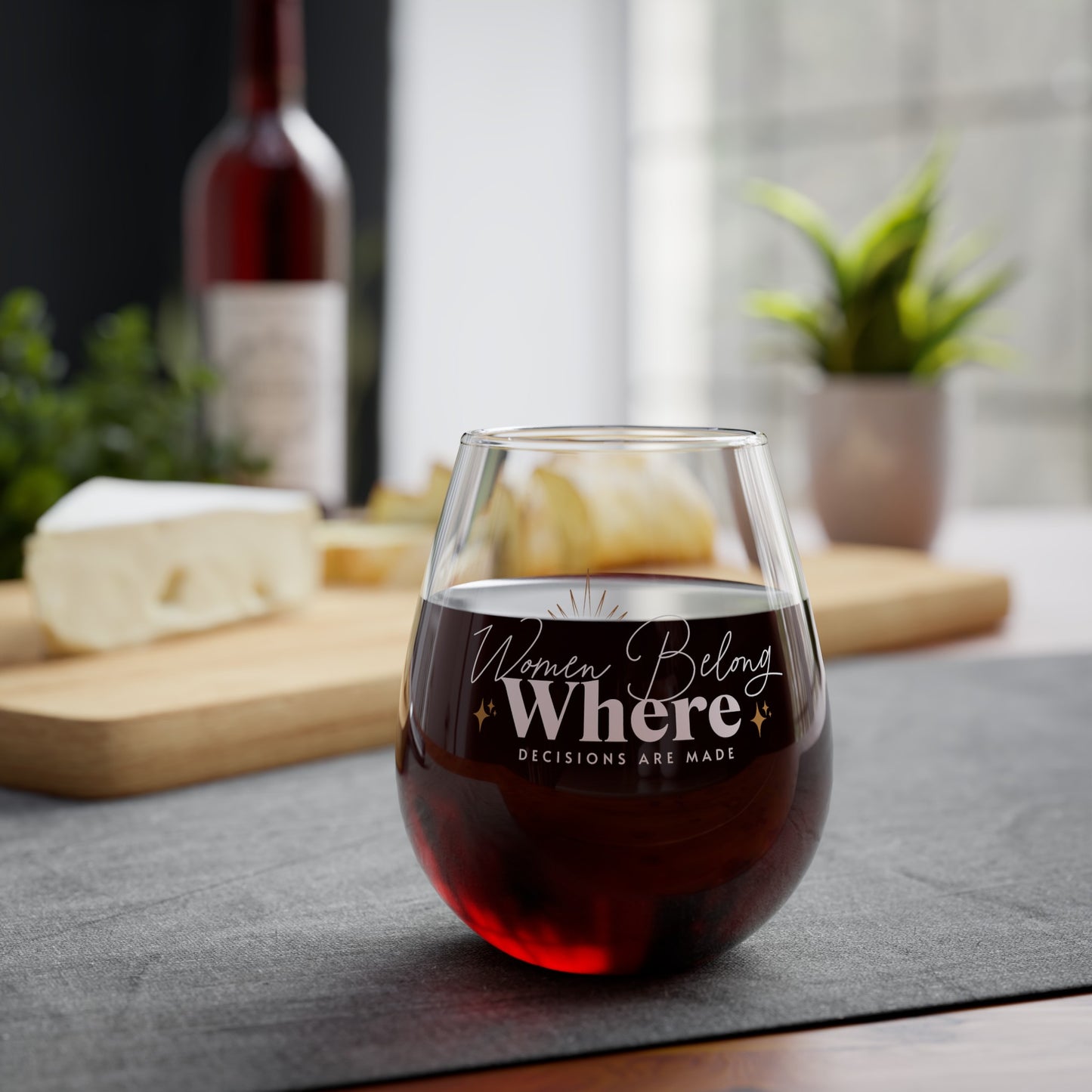 Design appears when you pour a dark drink "Women Belong Where Decisions Are Made" Stemless Wine Glass, 11.75oz